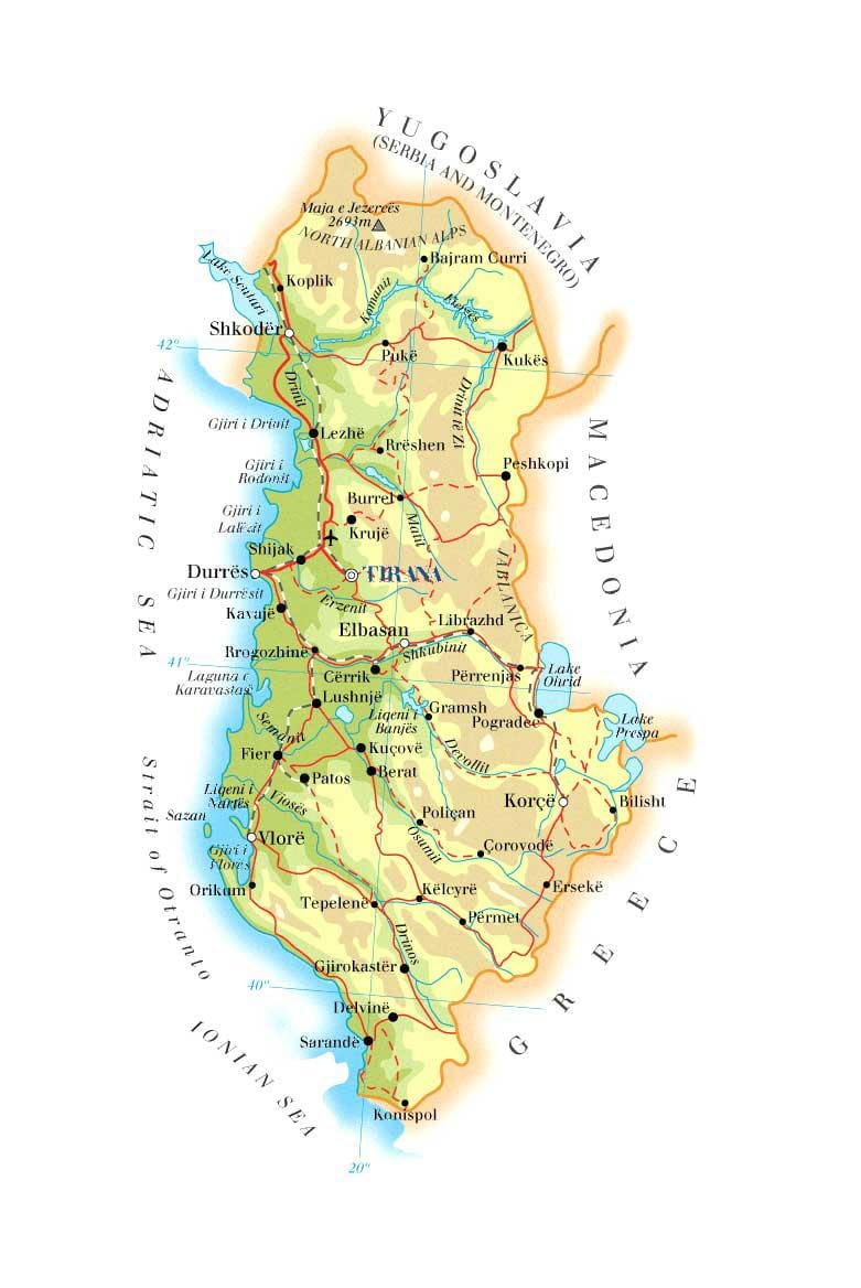 mapa fizički mapu Albaniji